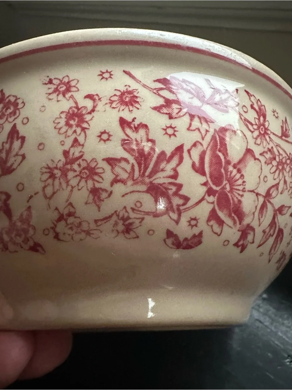 Vintage Buffalo China Cafe Au Lait Bowl Pink Red Transferware Floral 6